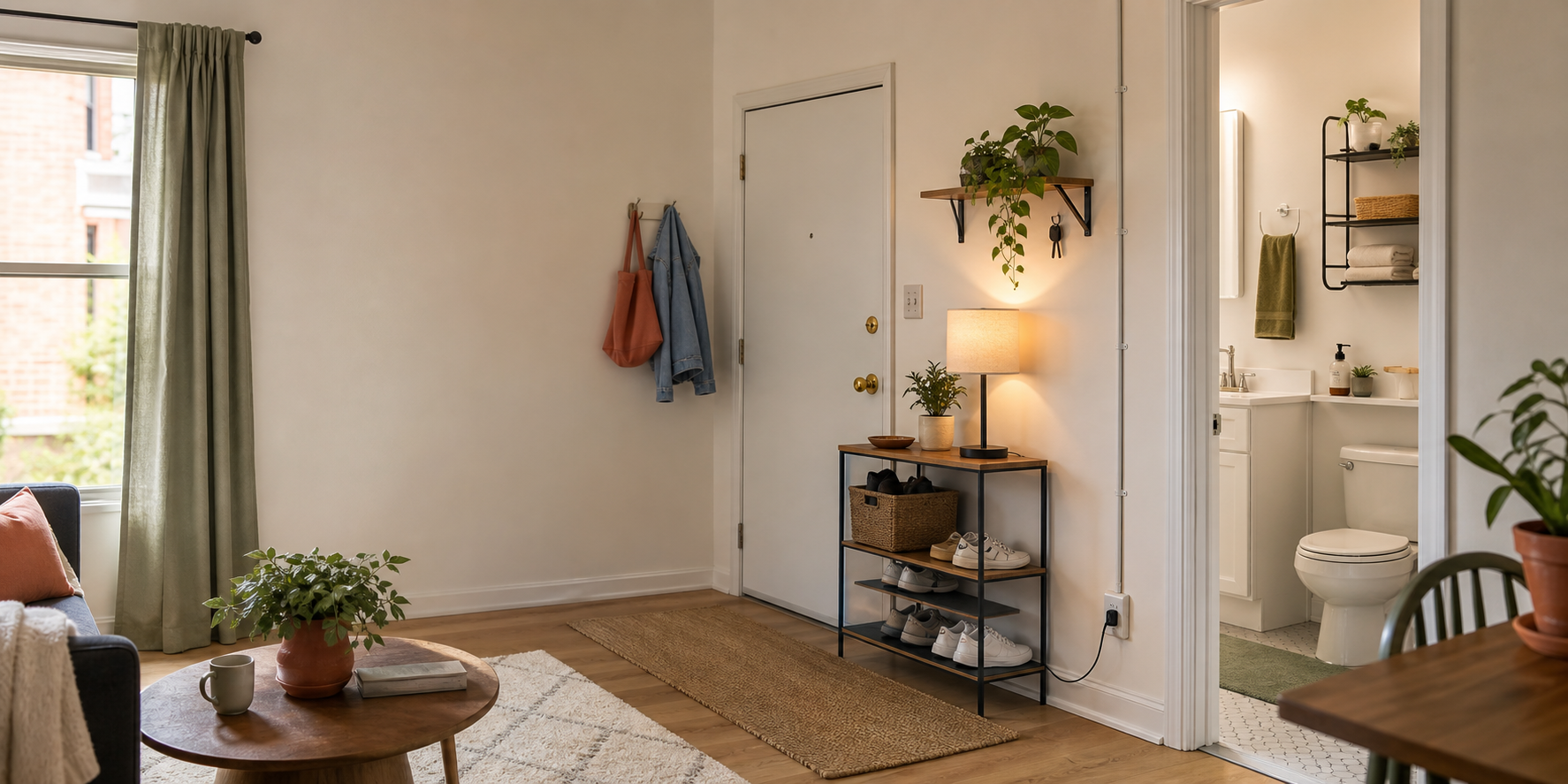 A tidy rental apartment entryway with renter-safe storage, lighting, and bathroom organization
